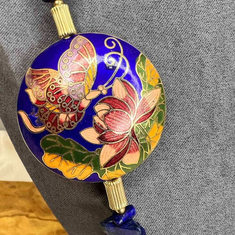 Lapis Lazuli Blue & Orange Sponge Coral Floral Cloisonné Pendant MJ Necklace - Picture 3 of 14